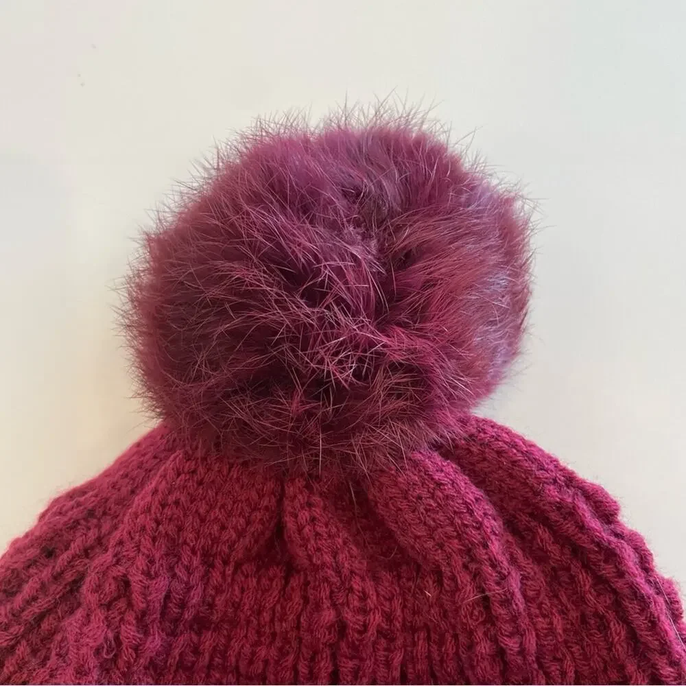 Burgundy Knit Beanie with Red Rhinestones & Faux Fur Poof